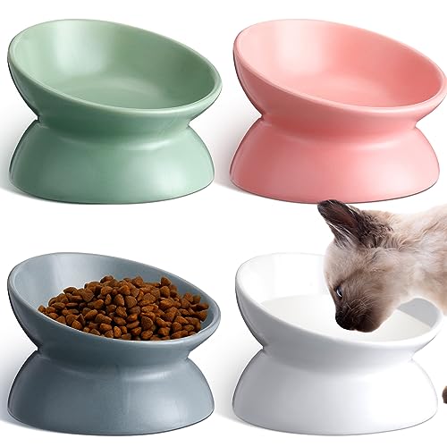 Hushee 4 x Keramik-Futternäpfe für Katzen, erhöht, geneigt, gegen Erbrechen, Futter oder Wasser, buntes Porzellan, Haustiernapf für Katzen, Kätzchen, kleine Hunde, schützt Kätzchen-Stacheln von Hushee