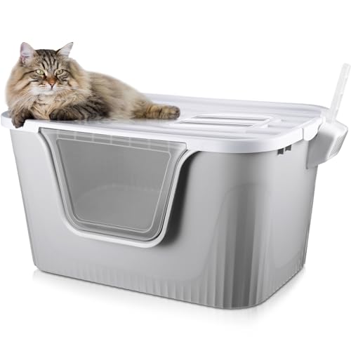 Hushee Geschlossene Katzentoilette, 80 x 55 x 41 cm, extra große Katzentoilette mit Schaufel, Fronteingang, zwei Ausgänge, doppelt angebracht, XL-Klo für Katzen und Hunde bis zu 27 kg, auslaufsicher, von Hushee