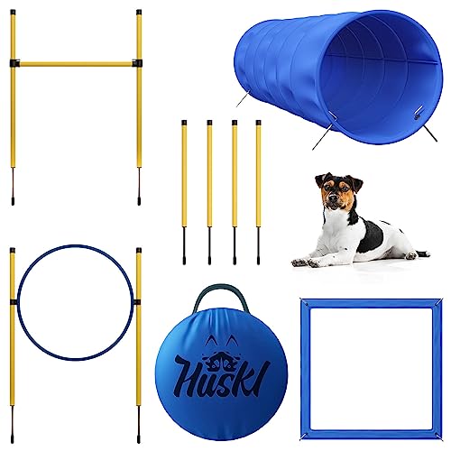 Huskl Agility Set Hunde Klein und Groß aus Tunnel für Hunde, Agility Stangen, Hürdenstange, Agility Ring & Pausenbox für Hunde Beschäftigung - Hundetraining Zubehör von Huskl