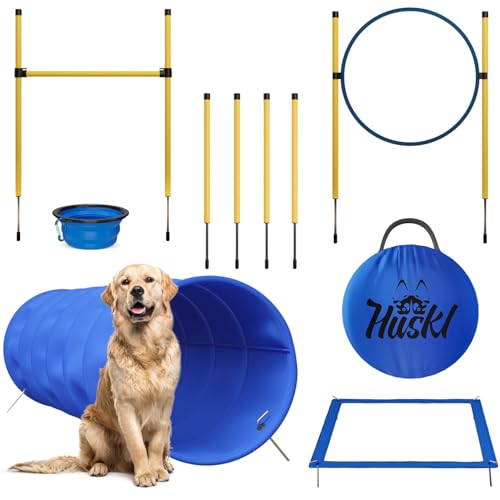 Huskl Agility Set Hunde Klein und Groß, Hundetraining Zubehör - Tunnel für Hunde, Agility Stangen, Hürdenstange, Agility Ring, Pausenbox & Faltbarer Hundenapf Gr. S für Hunde Beschäftigung von Huskl