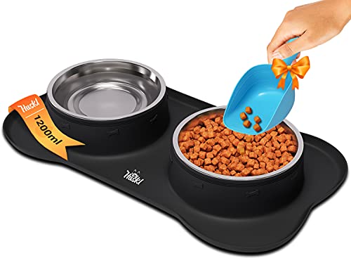 Huskl Huskl Doppelnapf für Katzen und Hunde, 2 x 1200 ml – Edelstahl-Wasser- und Futternapf XL 58 x 32 cm mit rutschfester Silikonmatte – Set mit 2 Futter- und Wassernäpfen – Haustier-Futterspender in von Huskl