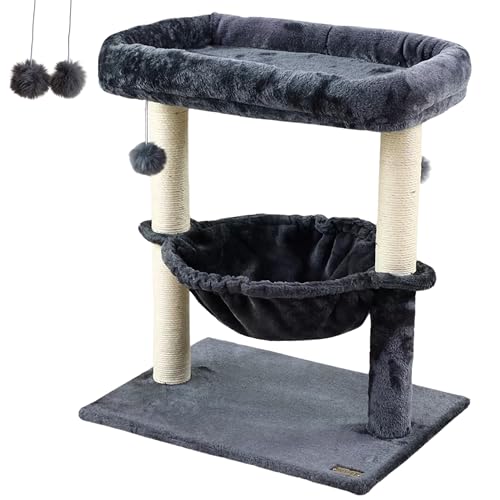 HUSPET Katzenbäume - Aktualisierte Version - 61.0 cm Katzenbaum für Indoor Katzen Groß Erwachsene - Sitzstange für Katzen und Kätzchen - Katzenturm mit Hängematte - Kleiner Kurzer Katzenbaum mit von Huspet