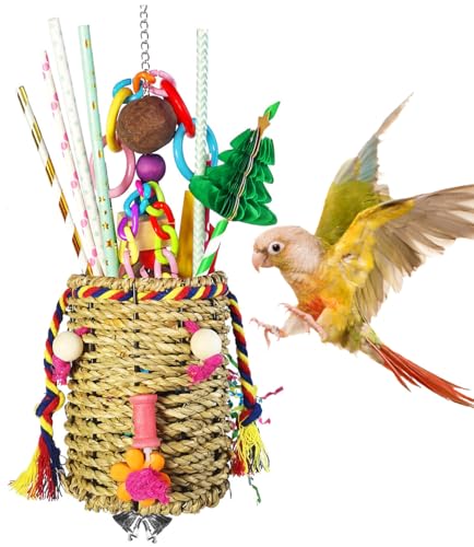 Hyamass Vogelfutterspielzeug, essbarer Seegraskorb, Vogelspielzeug mit bunten Papier-Holzblöcken und Bambusnüssen, Wabenbaum-Kauspielzeug, geeignet für Sittiche, Sittiche, Sittiche, Sittiche, von Hyamass