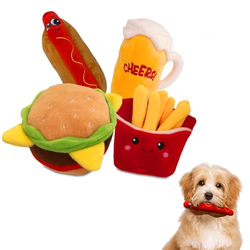 Hydrodogz Quietschendes Plüsch-Kauspielzeug für Hunde, Hamburger, Pommes Frites, Hot Dog, Bier, niedliches interaktives Knisterspielzeug für aggressive Hunde, für alle Rassen und Größen, 4 Stück von Hydrodogz