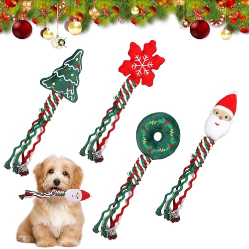 Weihnachten Quietschendes Hundespielzeug 4 Stück, Weihnachten Advent Hundespielzeug, Weihnachten Haustier Hundespielzeug, Weihnachts Hundespielzeug Seil, Dog Toys Geeignet Als Geschenke für Hunde von Hyfkjdm