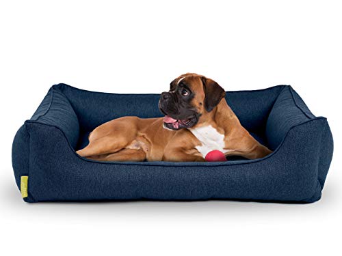 Hyggins Dreamer Plus Hundebett | Orthopädisch, Bezug abnehmbar und waschbar | Boden wasserabweisend | Made in EU | in S, M, L, XL | in graubeige, dunkelgrau und dunkelblau (XL 117 x 80cm, Dunkelblau) von Hyggins