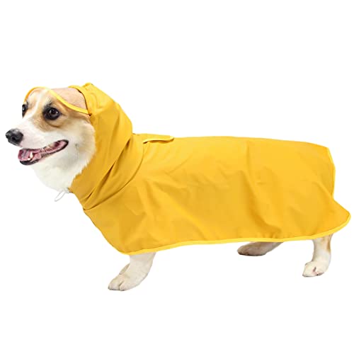 Hykiee Regenmantel Hund Wasserdicht，Hundemantel Regen Verstellbare Atmungsaktive Regenjacke Hund Hunderegenmantel mit Kapuze Kragenloch und Bauchschutz für Kleine Mittelgroße Große Hunde (M, Gelb) von Hykiee