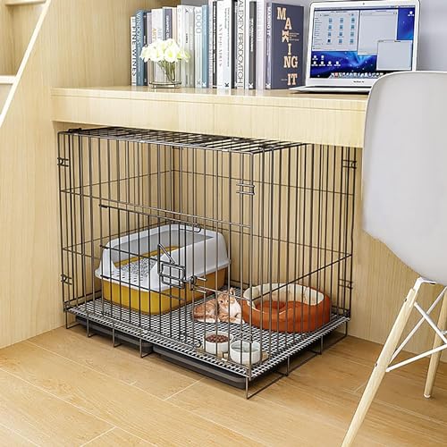 MekUk Katzenhaus Haustierkäfig for Hunde, Katzen, Welpen, Training, Katzenkäfig, Katzenkiste, zusammenklappbare Metall-Zwingerkiste mit Tablett, einfach zu transportieren(68x49x59cm) von HynJGih