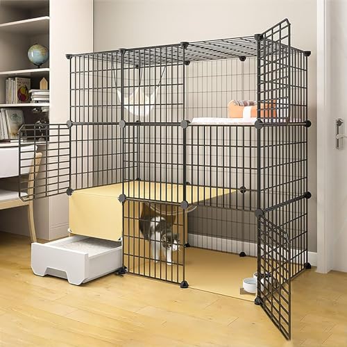 MekUk Katzenhaus Katzenkäfige – DIY-Katzengehege, Indoor-Zwinger, Katzenhütte, abnehmbarer Kleintierkäfig aus Metall mit Katzentoilette(Black,111x49x109cm) von HynJGih