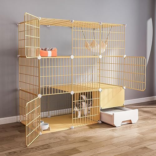 MekUk Katzenhaus Katzenkäfige – DIY-Katzengehege, Indoor-Zwinger, Katzenhütte, abnehmbarer Kleintierkäfig aus Metall mit Katzentoilette(Giallo,111x49x109cm) von HynJGih