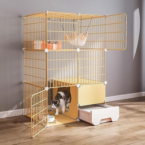 MekUk Katzenhaus Katzenkäfige – DIY-Katzengehege, Indoor-Zwinger, Katzenhütte, abnehmbarer Kleintierkäfig aus Metall mit Katzentoilette(Giallo,75x49x109cm) von HynJGih