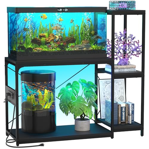 Hyomdeck Aquarium-Ständer mit Steckdose und LED-Licht, wendbarer Holz-Aquariumständer mit Ablagen für Aquarium-Zubehör, Metallrahmen, Schildkröten-/Reptilien-Terrarium-Ständer, Schwarz von Hyomdeck