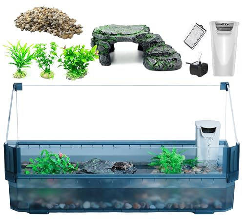 HypeSide Turtle Tank Kit – Komplettes Schildkröten-Aquarium-Set mit Zubehör – Langlebiges, von der Natur inspiriertes Design, inklusive Filter, Sonnenplattform und mehr (groß, schwarz) von HypeSide