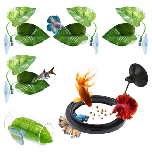 HyzaPhix 6 Stück Aquarium Dekoration, Betta Aquarium Zubehör, Betta Bett Blatt Hängematte, Fisch Futterring, Betta Fisch Tunnel Versteck Ornament für Aquarien (6 Stück) von HyzaPhix