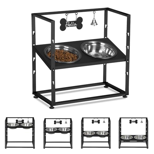 Hzuaneri Erhöhte Hundenäpfe, 8 Höhenverstellbare Futternapfe, Erhöhter Hundenapfständer mit 2 Edelstahlnäpfen, Geneigtes Design, Einfache Installation, mit Namensschild und Glocke, Schwarz PB07201B von Hzuaneri