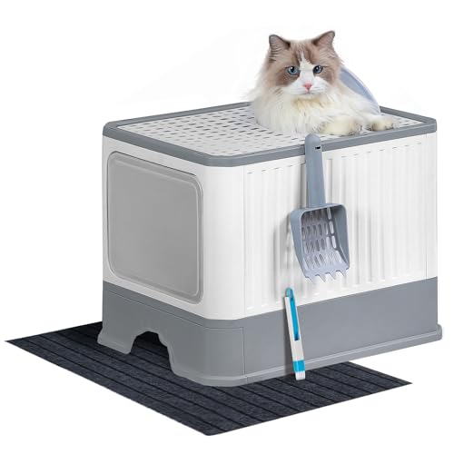 Hzuaneri Faltbare Katzentoilette mit Schublade und Deckel, Katzenklo mit Ausziehbares Tablett, Schaufel, Bürste, Geräumig für Katzen bis zu 15 kg, weniger Spuren, Auslaufsicherer Boden LB81400G von Hzuaneri