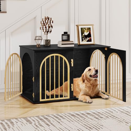 Hzuaneri Hundekäfig Möbel, 100cm Hundebox für Zuhause, 3 Türen, Bogentür, Moderne Hundebox Indoor für Hunde, Beistelltisch, Hundekäfig Hochbelastbar, 60 x 100 x 63 cm, Schwarzes Gold DFC84104A von Hzuaneri