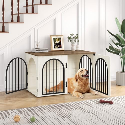 Hzuaneri Hundekäfig Möbel, 100cm Hundebox für Zuhause, 3 Türen, Bogentür, Moderne Hundebox Indoor für Hunde, Beistelltisch, Hundekäfig Hochbelastbar, 60 x 100 x 63 cm, Weiß Braun DFC84114B von Hzuaneri