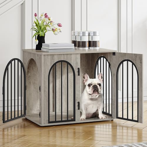 Hzuaneri Hundekäfig Möbel, 68cm Hundebox für Zuhause, 3 Türen, Bogentür, Moderne Hundebox Indoor für Hunde, Beistelltisch, Hundekäfig Hochbelastbar, 49 x 68 x 56 cm, Hell Elfenbein DFC85505B von Hzuaneri