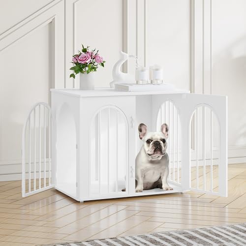 Hzuaneri Hundekäfig Möbel, 68cm Hundebox für Zuhause, 3 Türen, Bogentür, Moderne Hundebox Indoor für Hunde, Beistelltisch, Hundekäfig Hochbelastbar, 49 x 68 x 56 cm, Weiß DFC85513W von Hzuaneri