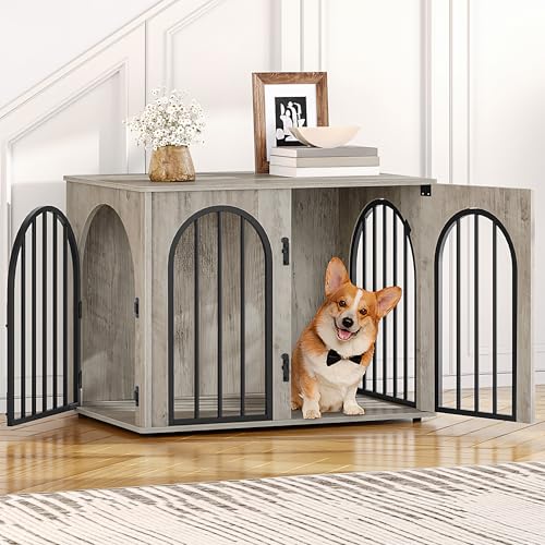 Hzuaneri Hundekäfig Möbel, 80cm Hundebox für Zuhause, 3 Türen, Bogentür, Moderne Hundebox Indoor für Hunde, Beistelltisch, Hundekäfig Hochbelastbar, 56 x 80 x 61 cm, Hell Elfenbein DFC85105B von Hzuaneri