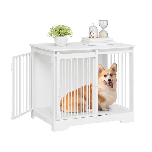 Hzuaneri Hundekäfig Möbel, 81cm hundebox für zuhause, Schiebetüren, 2 Türen, Moderne hundebox Holz Indoor für kleine/mittlere Hunde, Hundekäfig für Zuhause, 55x81x67,5cm, Weiß DFC83613W von Hzuaneri