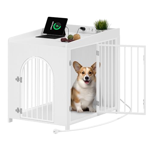 Hzuaneri Hundekäfig Möbel, 90cm Hundebox mit USB-Anschluss und Steckdose, 2 Türen, Bogentür, Moderne Hundebox Indoor für mittlere/kleine Hunde, Beistelltisch, Hundekäfig für Zuhause, 63x90x79 cm, Weiß von Hzuaneri