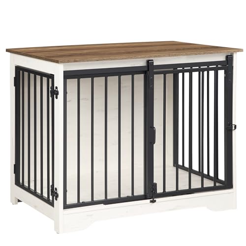 Hzuaneri Hundekäfig Möbel, 81cm Hundebox, 2 Türen, Moderne Hundekäfig Indoor für kleine/mittlere/große Hunde, Beistelltisch, Hundekäfig für Zuhause, 55 x 81 x 67,2 cm, Weiß Braun DFC83614B von Hzuaneri