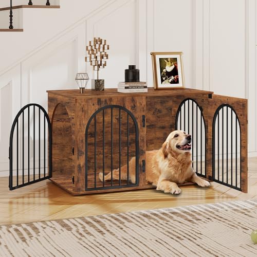 Hzuaneri Hundekäfig Möbel, 100cm Hundebox für Zuhause, 3 Türen, Bogentür, Moderne Hundebox Indoor für Hunde, Beistelltisch, Hundekäfig Hochbelastbar, 60 x 100 x 63 cm, Vintagebraun DFC84101B von Hzuaneri