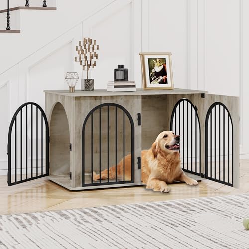 Hzuaneri Hundekäfig Möbel, 100cm Hundebox für Zuhause, 3 Türen, Bogentür, Moderne Hundebox Indoor für Hunde, Beistelltisch, Hundekäfig Hochbelastbar, 60 x 100 x 63 cm, Hell Elfenbein DFC84105B von Hzuaneri