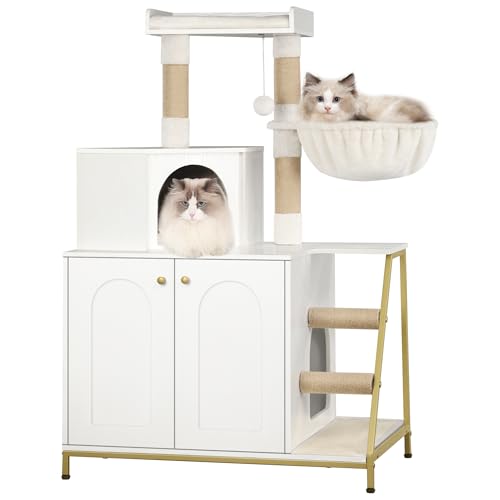 Hzuaneri Katzenschrank, 4-in-1 Modernes Katzenhaus mit Großer Plattform, Katzenhaus mit Sisal-Kratzmatte, Pfosten, Treppe und Pompom, Waschbare Kissen, Weiß CB81013A von Hzuaneri