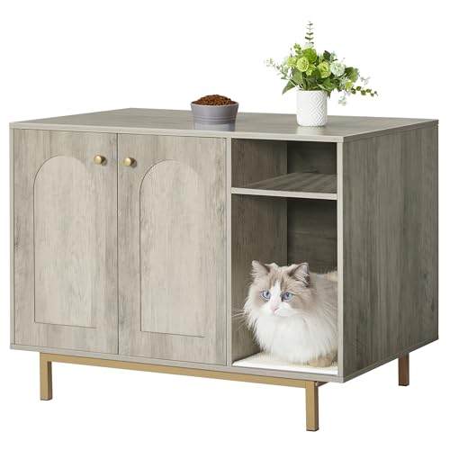 Hzuaneri Katzenschrank, Katzentoilette, Katzenklo Schrank, Katzenhaus mit Tür und separater Trennwand, 80 x 50 x 60 cm, Stabile Katzenschrank, Sitzbank, Greige und Gold CB01505G von Hzuaneri