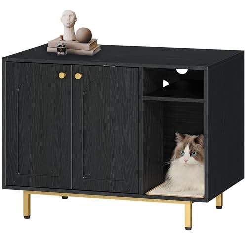 Hzuaneri Katzenschrank, Katzentoilette, Katzenklo Schrank, Katzenhaus mit Tür und separater Trennwand, 50 x 80 x 61 cm, Stabile Katzenschrank, Sitzbank, Schwarz und Gold CB01504G von Hzuaneri