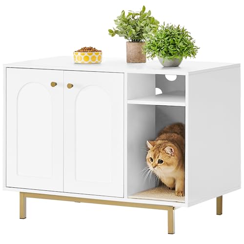 Hzuaneri Katzenschrank, Katzentoilette, Katzenklo Schrank, Katzenhaus mit Tür und separater Trennwand, 50 x 80 x 61 cm, Stabile Katzenschrank, Sitzbank, Weiß und Gold 01503GCLB von Hzuaneri