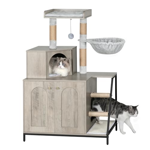 Hzuaneri Kratzbaum mit Katzenklo-Schrank, Katzenschrank, 4-in-1 Modernes Katzenhaus mit Großer Plattform, Katzenhaus mit Sisal-Kratzmatte, Pfosten, Treppe und Pompom, Waschbare Kissen, Greige CB81005B von Hzuaneri