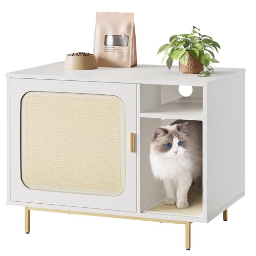 Hzuaneri Katzenschrank, Katzentoilette,Mobile Kratzmatten für Katzen, Indoor-Katzenhaus mit Ablagefläche, Beistelltisch, 80 x 50 x 61 cm, Weiß und Gold CB82613A von Hzuaneri