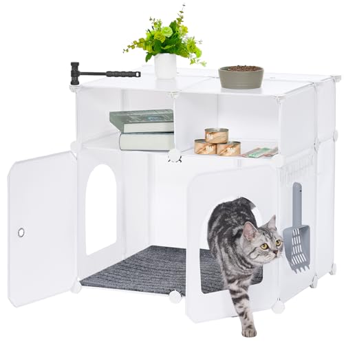 Hzuaneri Katzenschrank mit Haken, Kunststoff bedeckt kleine Box mit Matte, Spritzwassergeschützt Katzentoilette Möbel, 47 x 60 x 57 cm, End-Tabelle für Wohnzimmer, Weiß CB81799WT von Hzuaneri