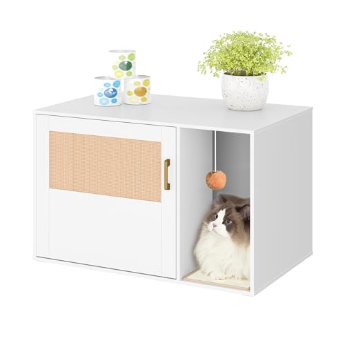 Hzuaneri Katzenschrank mit Rattan Tür, Versteckte Katzentoilette, Boho Stil Holz Haustier Haus Katzenstreu, Speicher Schrank Sitzbank, Weiß CB05603X von Hzuaneri