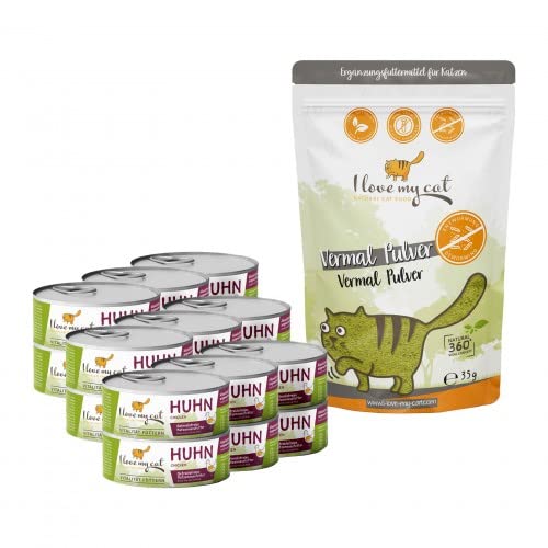 I Love My Cat Sparset Für Katzen gegen Darmparasiten, Geschmack von Hühnchen Katzennassfutter ohne Getreide 100 g x 18 Vermal Pulver für Katzen 35 g von I love my cat NATURAL CAT FOOD