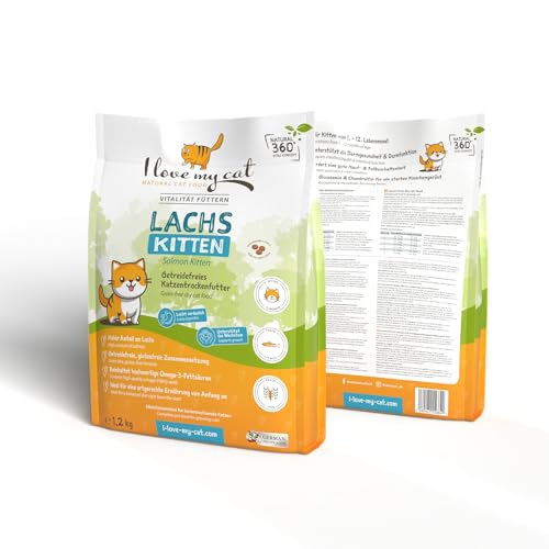 I Love My cat Getreidefreies Trockenfutter für Kitten mit Lachs. Kittenfutter mit leicht verdaulicher, Omega-3-reicher Formel. Unterstützt gesundes Wachstum sowie Haut und Fell von I love my cat NATURAL CAT FOOD