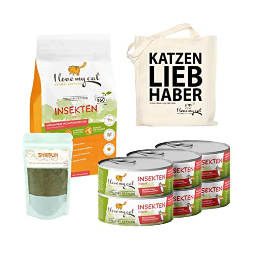 I Love my Cat Futterset für Katzen mit Magenschleimhautentzündung Trockenfutter 1,2 kg und Nassfutter mit Insekten 6 x 100 g und Nahrungsergänzung Shiimun Gastro 50 g von I love my cat