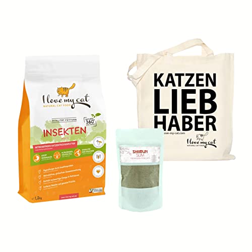 I love my cat Futterset für Übergewichtige Ernährungssensible mit Getreidefreies Trockenfutter mit Insekten 1,2 kg und Nahrungsergänzungs mit Shiitake 50 g von I love my cat