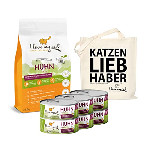 I Love My Cat Set Hypoallergenes Getreidefreies Trockenfutter 1,2 kg und Katzenfutter Nass mit Huhn 6 x 100 g ohne künstliche Inhaltsstoffe mit hoher Verdaulichkeit von I love my cat