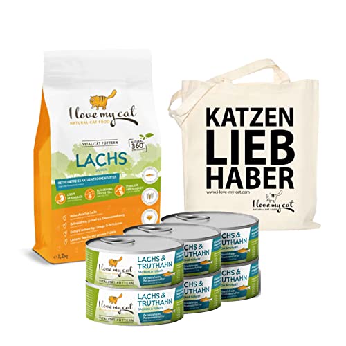 I Love My Cat Set Getreidefreies Trockenfutter 1,2 kg und Katzenfutter Nass mit Lachs und Truthahn 6 x 100 g ohne künstliche Inhaltsstoffe mit hoher Verdaulichkeit von I love my cat