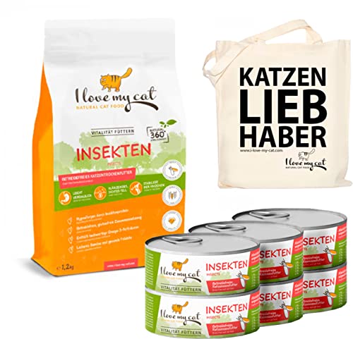 I love my cat Sparset Insektenprotein für Katzen Getreidefreies Trockenfutter mit Insektenprotein 1,2 kg und Nassfutter mit Insekten 6 x 100 g ohne künstliche Inhaltsstoffe von I love my cat