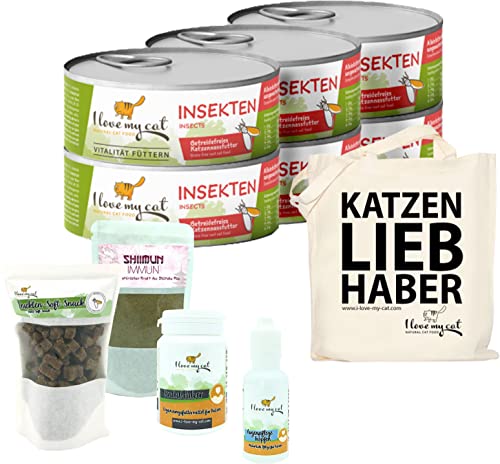 I love my cat Sparset für Bengalkatze Nassfutter 6 x 100 g und Soft-Snacks mit Insekten 50 g Nahrungsergänzung 50 g und Augenpflege Tropfen 30 ml und Dental Pulver 35g von I love my cat