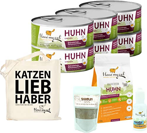 I love my cat Sparset für Birma-Katze getreidefreies Trockenfutter 1,2 kg und Nassfutter 6 x 100 g mit Huhn Nahrungsergänzung mit Shiitake 50 g und Augenpflege Tropfen 30 ml von I love my cat