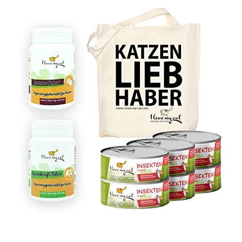 I Love My Cat Sparset für Ernährungssensible Katzen Getreidefreies Trockenfutter 1,2 kg und Nassfutter mit Insektenprotein 6 x 100 g und Nahrungsergänzung für Nieren 35 g und Immunität 35 g von I love my cat