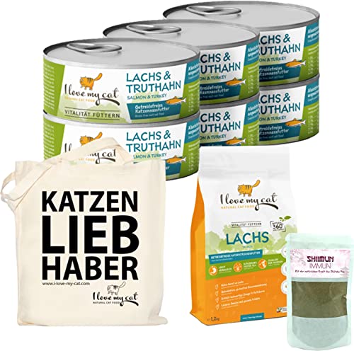 I Love my Cat Sparset für German Rex Getreidefreies Nassfutter 6 x 100 g und Trockenfutter mit Lachs und Truthahn 1,2 kg mit hoher Verdaulichkeit und Nahrungsergänzung mit Shiitake 50 g von I love my cat