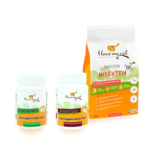 I love my cat Sparset für Katzen mit Futtermittelallergie Getreidefreies Trockenfutter mit Insekten 1,2 kg und Nahrungsergänzung für Immun 35 g und Nierenkraft Pulver 35 g von I love my cat